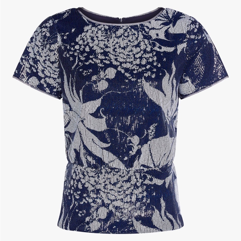 Adrianna Papell Midnight Blue Sequined Floral Peplum Blouse Size 10 - Picture 3 of 10